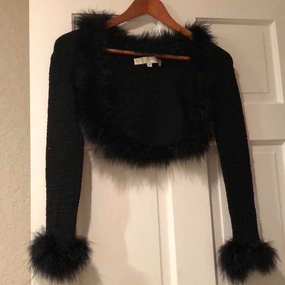 Black boucle knit bolero-feather trim collar/cuffs